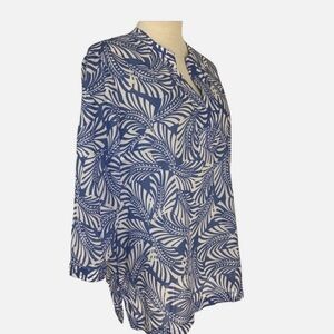 Talbots Navy and White Leaf Print Blouse